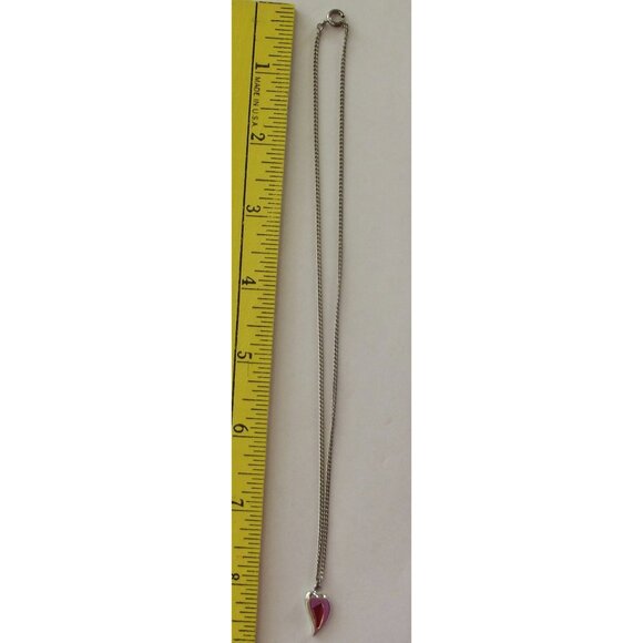 Heart Necklace Silver-tone Red Enamel 15" chain slated curved - Picture 6 of 7